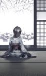  architecture back east_asian_architecture japanese_clothes momijigari monochrome obi saigyouji_yuyuko saigyouji_yuyuko_(living) sash short_hair sitting sliding_doors solo tatami touhou tree wariza 