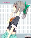  bow bowtie brown_eyes crop_top dated green_skirt grey_hair hair_bow kantai_collection looking_at_viewer pleated_skirt ponytail school_uniform serafuku short_hair signature skirt solo twitter_username yadapot yuubari_(kantai_collection) 