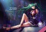  :3 absurdres atdan bad_id bad_pixiv_id crossed_legs dated dress elbow_gloves feet flower full_body gloves green_eyes green_hair hair_flower hair_ornament hatsune_miku headphones high_heels highres long_hair open_toe_shoes sandals shoes sitting smile solo strappy_heels toes twintails vocaloid 