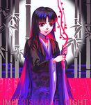  alternate_costume bamboo black_hair branch copyright_name full_moon hime_cut houraisan_kaguya imperishable_night japanese_clothes jeweled_branch_of_hourai kimono layered_clothing layered_kimono long_hair looking_at_viewer momijigari moon red_eyes smile solo touhou 