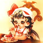  aqua_hair bad_id bad_pixiv_id bat_wings bib brown_eyes eating food food_on_face fork fruit hat remilia_scarlet short_hair solo souri strawberry touhou wings younger 
