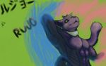  abstract_background armpits barazoku collar feline front fur green_eyes grey_fur invalid_tag kai-ten kaivolate low_res male mammal muscles nude panther pecs raptorkou solo standing 