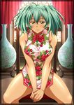  breasts dark_skin green_eyes green_hair ikkitousen large_breasts official_art ryofu_housen sitting smile solo 