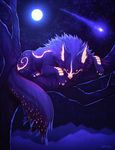  ambiguous_gender canine falvie fur looking_at_viewer mammal moon outside purple_fur solo stars tree wolf 