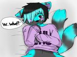  ambiguous_gender anthro blue_fur blue_tongue blush canine clothing cub cute dialog embarrassed english_text fox fur looking_at_viewer mammal multiple_tails purple_eyes solo tails text trancethefolfy young 