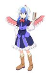  bird_wings blue_hair book boots bow bowtie capelet cato_(monocatienus) frilled_skirt frills full_body hand_on_hip head_wings highres horns large_bow long_sleeves looking_at_viewer multicolored_hair purple_eyes sash single_head_wing skirt solo tokiko_(touhou) touhou tunic white_background white_hair wide_sleeves wings 