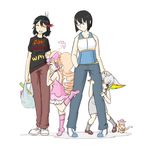  age_regression animalization arm_hug black_hair blonde_hair blue_eyes boots bow casual cat child clothes_writing drill_hair english eyepatch family hand_in_pocket happy harime_nui hiding jakuzure_nonon kill_la_kill kiryuuin_ragyou kiryuuin_satsuki matoi_ryuuko multicolored_hair multiple_girls out_of_character pink_bow pink_footwear rainbow_hair red_eyes shy smile time_paradox twin_drills twintails yancon younger 