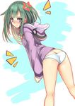  aki663 anger_vein ass bad_id bad_pixiv_id blue_panties blush brown_eyes butt_crack green_hair hood hoodie kagerou_project kido_tsubomi lace lace-trimmed_panties long_hair looking_at_viewer no_pants panties solo underwear 