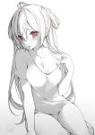  1girl ahoge bare_arms bare_legs blush breasts cleavage collarbone gradient gradient_background grey_background hair_between_eyes highres large_breasts long_hair looking_at_viewer monochrome no_pants phantasy_star phantasy_star_online_2 pulled_by_self red_eyes ripu_(sherypton) shirt shirt_pull short_sleeves signature single_bare_shoulder sitting solo spot_color sweat t-shirt white_background 
