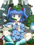  air_bubble backpack bad_id bad_pixiv_id bag blue_eyes blue_hair boots bowl bubble circuit_board computer cucumber fish food_in_mouth hair_bobbles hair_ornament indian_style kawashiro_nitori key laptop long_sleeves looking_at_viewer mecha radio rubber_boots screwdriver short_hair simple_background sitting skirt skirt_set solo tonakai_(bunsuka) tools touhou two_side_up white_background windows_xp wire wrench 