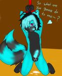  anthro balls blue_fur blue_nose blue_penis blue_tongue bound canine cub cum cute english_text fox fur gloves_(marking) happy male mammal markings multiple_tails penis socks_(marking) solo tails text trancethefolfy young 