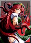  aiming_at_viewer border bow braid chinese_clothes dual_wielding erekuto gangsta_hold garter_straps gradient gradient_background green_eyes gun hair_bow handgun hat highres holding hong_meiling long_hair mauser_c96 open_mouth pistol red_hair smile solo star thighhighs touhou twin_braids weapon 