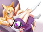  animal_ear_fluff animal_ears bangs bare_shoulders blonde_hair blush breasts cleavage couch dated fox_ears green_eyes heart_of_tentacles highres japanese_clothes kimono kitsune light_smile lipstick long_hair looking_at_viewer lying makeup mon-musu_quest! monster_girl multiple_tails sidelocks sitting small_breasts socks solo tail tamamo_(mon-musu_quest!) tattoo watermark 