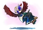  ahoge blue_hair book boots crossed_legs flying hashiro head_wings horns multicolored_hair reading red_eyes red_wings short_hair silver_hair single_head_wing smile solo tokiko_(touhou) touhou two-tone_hair wings 