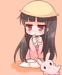  black_hair bloomers bobby_socks hat hime_cut houraisan_kaguya kindergarten kindergarten_uniform knees_together_feet_apart long_hair marshmallow_mille pink_shirt red_eyes school_hat shirt socks solo stuffed_animal stuffed_bunny stuffed_toy teardrop touhou underwear very_long_hair wavy_mouth younger 