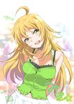  ahoge arms_behind_back artist_name blonde_hair blush character_name dated green_eyes highres hoshii_miki idolmaster idolmaster_(classic) inoue_sora long_hair looking_at_viewer open_mouth smile solo translated 