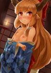  alternate_costume blush bow fire flat_chest floral_print hair_bow hair_ornament hair_ribbon horns ibuki_suika japanese_clothes kimono lips long_hair long_sleeves nipples nishiuri off_shoulder orange_hair parted_lips pointy_ears red_eyes ribbon solo touhou wide_sleeves 