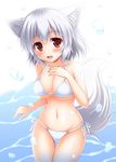  animal_ears bikini blush breasts collarbone fang inubashiri_momiji large_breasts looking_at_viewer md5_mismatch nagana_sayui navel open_mouth red_eyes side-tie_bikini silver_hair solo string_bikini swimsuit tail touhou underboob undersized_clothes water white_bikini wolf_ears wolf_tail 