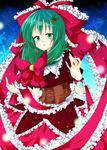  absurdres bow dress frilled_dress frilled_ribbon frills green_eyes green_hair hair_ornament highres holly holly_hair_ornament kagiyama_hina ksk_(semicha_keisuke) leaf_hair_ornament ribbon snowflakes touhou wrist_cuffs 