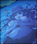  1girl afloat anko_(karbo) bangs blue_eyes blue_hair blue_skin blunt_bangs breasts breasts_apart cleavage cloud cloudy_sky dutch_angle felarya fins fish giantess hair_spread_out hands_clasped karbo large_breasts licking_lips long_hair lying miniboy monster_girl navel night nipples ocean on_back outdoors own_hands_together pointy_ears ragna_(felarya) sarong seaweed shirt shorts signature sky sparkle tongue tongue_out topless tree underboob water 