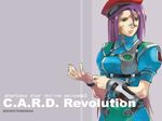  artist_request bracelet breasts camouflage collared_shirt copyright_name english green_eyes grey_background jewelry killa long_hair medium_breasts phantasy_star phantasy_star_online puffy_short_sleeves puffy_sleeves purple_hair ramarl shirt short_sleeves shoulder_pads simple_background solo two-tone_background 
