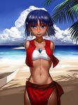  arms_behind_back bandeau beach blue_eyes blue_hair blush bob_cut cloud cloudy_sky collarbone dark_skin day earrings fushigi_no_umi_no_nadia hair_ornament hairclip highres hoop_earrings jewelry loincloth looking_away midriff nadia navel neck_ring necklace ocean open_mouth otaku_(artist) outdoors palm_tree pelvic_curtain short_hair sky smile solo stomach strapless tree vest wind 