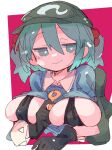  1girl backpack bag bangs black_bra black_gloves blue_eyes blue_hair border bra breasts bright_pupils cleavage closed_mouth flat_cap gloves green_headwear hair_between_eyes hair_bobbles hair_ornament hat highres kawashiro_nitori key large_breasts massakasama pink_background smile solo touhou two_side_up underwear upper_body white_border white_pupils 
