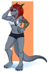  4_toes anthro barefoot biceps bra claws clothing dragon fangs female fivel front grey_skin hair hand_on_hip horn long_hair muscles muscular_female navel paws plain_background pose red_hair shirt solo sports_bra standing tattoo touching_hair underwear 