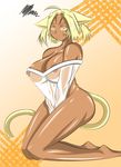  1girl ahoge animal_ears areola_slip areolae bare_shoulders blonde_hair breasts cat_ears cat_tail covering covering_crotch curvy dark_skin female highres jh_(artist) jh_hephil kneeling nipples no_bra no_panties no_underwear original see-through shirt short_hair short_twintails solo tail twintails yellow_eyes 