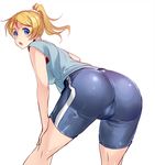  ajishio ass ayase_eli bent_over bike_shorts blonde_hair blue_eyes looking_back love_live! love_live!_school_idol_project open_mouth ponytail shirt solo t-shirt 