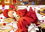  bed blonde_hair blue_eyes bonnet book bug butterfly cup dog doll_hug dress feet_out_of_frame fetal_position flower hair_ribbon hug insect kunkun long_hair looking_at_viewer lying on_bed pale_skin petals picture_(object) red_dress red_flower red_rose ribbon rose rose_petals rozen_maiden samizuban shinku solo stuffed_animal stuffed_dog stuffed_toy tea teacup twintails very_long_hair 