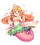  :d absurdres bikini_top blush bracelet breasts bubble chiba_sadoru curly_hair fins floating_hair green_eyes highres jewelry long_hair looking_at_viewer medium_breasts mermaid milky_rush monster_girl navel open_mouth orange_hair simple_background skirt smile solo starfish tail_fin white_background 