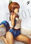  bed_sheet brown_eyes brown_hair character_name failure_penguin hair_ornament i-401_(kantai_collection) kantai_collection one-piece_swimsuit ponytail sailor_collar school_swimsuit short_hair short_ponytail sitting smile solo sowel_(sk3) stuffed_animal stuffed_penguin stuffed_toy swimsuit tan wariza 