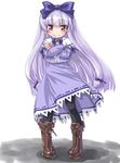  3.1-tan :3 black_legwear blush boots bow dd_(ijigendd) dress full_body hair_ornament hime_cut long_hair looking_at_viewer os-tan pantyhose pigeon-toed purple_hair red_eyes ribbon simple_background solo 