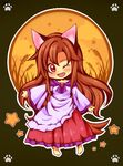  ;d animal_ears brown_hair dress fang frilled_dress frills full_moon highres imaizumi_kagerou long_hair moon one_eye_closed open_mouth paw_print red_eyes smile star tail totoharu_(kujirai_minato) touhou wolf_ears wolf_tail 