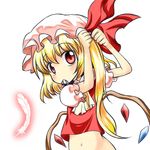  adjusting_hair ascot blonde_hair blouse bow feathers flandre_scarlet hair_bow hair_ribbon hat looking_at_viewer mob_cap mouth_hold navel puffy_short_sleeves puffy_sleeves red_blouse red_eyes ribbon short_hair short_sleeves side_ponytail solo touhou tying_hair wings yuuma_(pumpkin) 