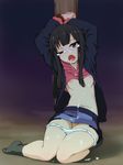  after_sex arms_up bdsm black_hair black_legwear blush bondage bound bound_wrists breasts censored cum cum_in_mouth cum_in_pussy highres kurebayashi_yuzuki long_hair nipples no_bra open_clothes open_mouth panties panty_pull pussy rope selector_wixoss shirt_lift skirt skirt_lift small_breasts socks solo takeda_yukimura tears underwear white_panties wixoss 