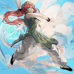 alternate_costume bandages blue_eyes bow bracelet braid chinese_clothes cloud colorized fighting_stance geppewi hair_bow hair_ornament hat hong_meiling jewelry jpeg_artifacts long_hair looking_at_viewer looking_down necklace pants pants_under_dress red_hair shirt shoes short_sleeves sketch smile solo touhou twin_braids 
