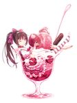  barefoot blush brown_hair dress food fruit glass ice_cream long_hair one_eye_closed original single_thighhigh sitting smile solo strawberry striped striped_legwear sundae thighhighs yakka 