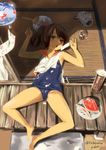  armpits asanagi bad_id bad_twitter_id barefoot blush brown_eyes brown_hair can fan food fruit highres i-401_(kantai_collection) jpeg_artifacts kantai_collection kayari_buta long_hair looking_at_viewer lying paper_fan popsicle school_swimsuit school_uniform sexually_suggestive shiny shiny_clothes shiny_skin solo sweat swimsuit swimsuit_under_clothes uchiwa watermelon watermelon_seeds wind_chime 