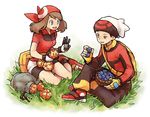  1girl backpack bag bandana berries bike_shorts black_hair blue_eyes brown_eyes brown_hair butterfly_sitting fanny_pack fingerless_gloves gloves haruka_(pokemon) hat ikra_(katacoly) on_grass open_mouth pokemon pokemon_(game) pokemon_oras pokemon_rse short_hair sitting yokozuwari yuuki_(pokemon) 