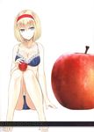  alice_margatroid alternate_costume apple barefoot blonde_hair blue_bra blue_eyes blue_panties bow bow_bra bra breasts cleavage food fruit hairband highres knees_together_feet_apart large_breasts lolita_hairband looking_at_viewer nabeshima_tetsuhiro open_mouth oversized_food oversized_object panties ribbon scan short_hair simple_background sitting solo touhou underwear underwear_only 