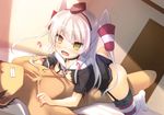  1girl amatsukaze_(kantai_collection) ass black_hairband black_panties black_shirt breast_press breasts clenched_teeth clothed_female_nude_male dutch_angle eyebrows_visible_through_hair garter_straps girl_on_top hairband hetero indoors kantai_collection long_hair nude open_mouth panties panties_aside safi sex shirt silver_hair small_breasts sweat teeth thighhighs torn_clothes torn_shirt two_side_up underwear very_long_hair yellow_eyes 