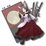 absurdres animal_ears bamboo bare_shoulders blush breasts brown_hair card collarbone dress fang fingernails full_moon hanafuda highres himenogawa_(artist) imaizumi_kagerou jewelry large_breasts long_hair looking_at_viewer moon open_mouth red_eyes solo tail touhou wolf_ears wolf_tail 
