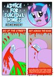  blood blue_background border comic curtsibling english_text equine friendship_is_magic fur gore gradient_background green_background grey_background hair horn horse mammal multi-colored_hair my_little_pony pink_hair plain_background pony purple_fur purple_hair red_background solo suicide text three_tone_hair twilight_sparkle_(mlp) unicorn white_background 