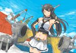  1girl bare_shoulders black_hair blush breasts cloud clouds container crane elbow_gloves fingerless_gloves gloves hair_between_eyes hair_ornament hand_on_hip headgear index_finger_raised kantai_collection large_breasts long_hair midriff nagato_(kantai_collection) navel ocean sea skirt sky solo vent_arbre wink 