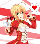  ahoge blonde_hair breasts butter-t cake cleavage epaulettes fate/extra fate/extra_ccc fate_(series) food food_on_face fruit green_eyes hair_ribbon heart medium_breasts nero_claudius_(fate) nero_claudius_(fate)_(all) ribbon spoken_heart strawberry 