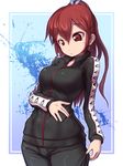  breast_conscious breasts brown_eyes free! highres large_breasts long_hair matsuoka_gou ponytail red_eyes track_suit you_naka 