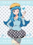  beret blue_eyes blue_hair blue_shirt blush bubble_skirt character_name english eyelashes fashion happinesscharge_precure! happy hat heart kagami_chihiro long_hair looking_at_viewer one_eye_closed pantyhose polka_dot polka_dot_background polka_dot_skirt precure shirayuki_hime shirt skirt smile solo standing unmoving_pattern 