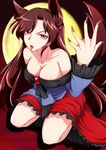  animal_ears bare_shoulders breasts brown_hair claw_pose cleavage collarbone dress fingernails full_moon highres imaizumi_kagerou jewelry large_breasts long_fingernails long_hair looking_at_viewer moon nail_polish open_mouth red_eyes red_nails sitting solo tongue tongue_out touhou wolf_ears 